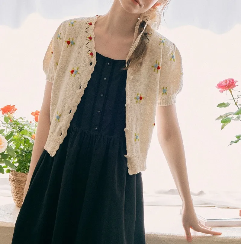 rolarola  |Flower Patterns Casual Style Plain Cotton Short Sleeves