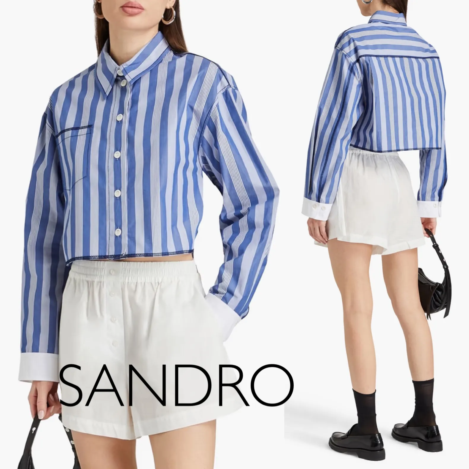 sandro  |Stripes Casual Style Long Sleeves Cotton Office Style