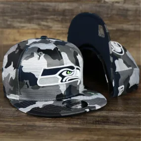 Seattle Seahawks NFL OnField Summer Training 2022 Camo 9Fifty Snapback | Navy Blue Camo 9Fifty