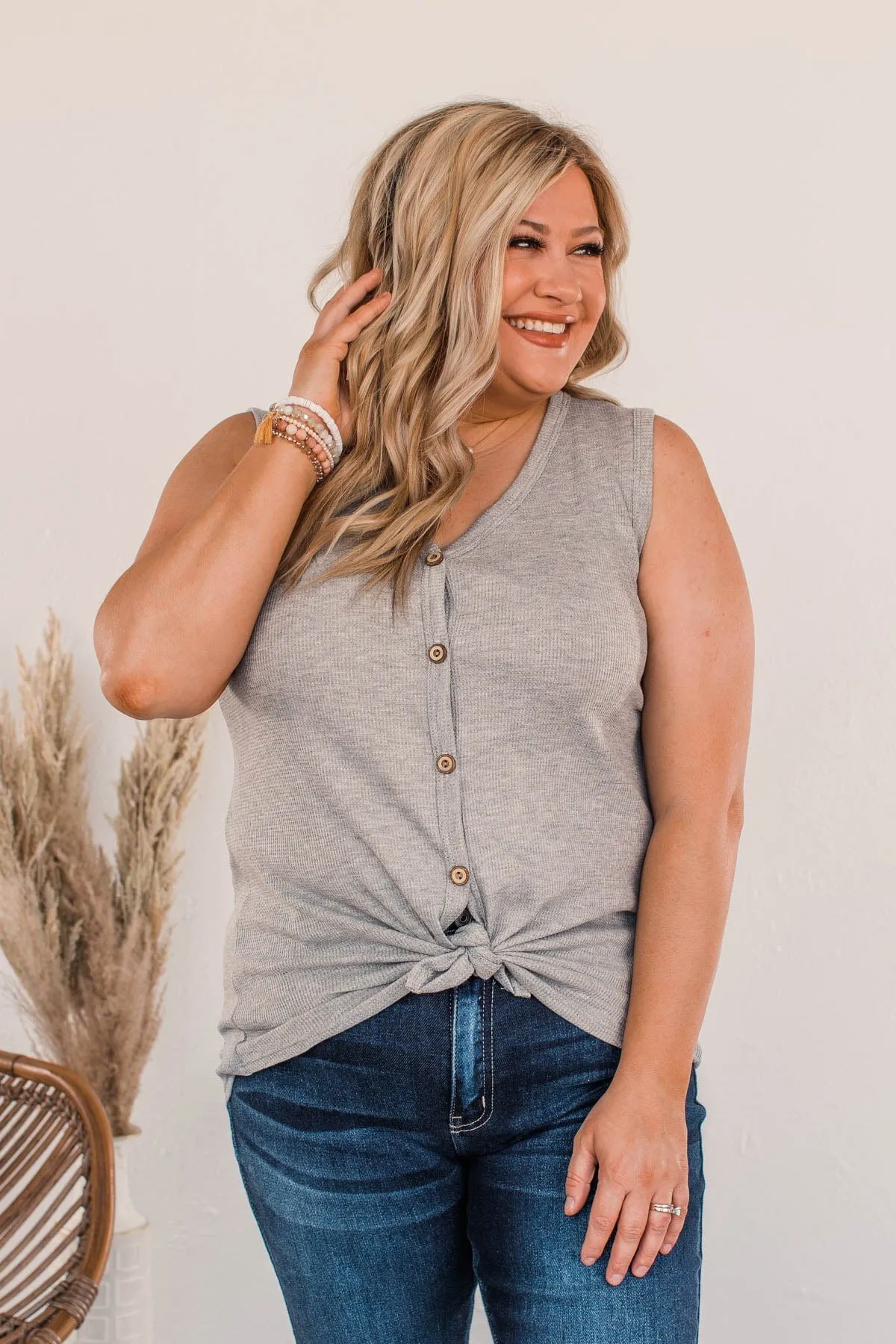 See How I Arrive Button Tank- Gray