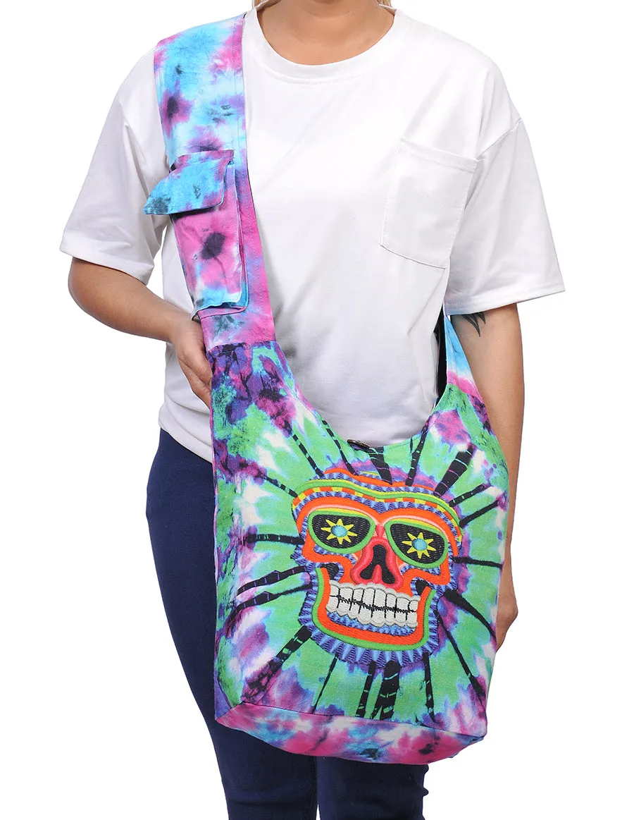 Skull Print Tie Dye Cotton Hobo Bag