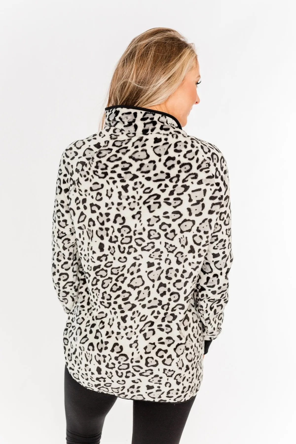 Someday Soon Quarter Button Leopard Sherpa- Grey & Black