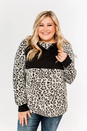 Someday Soon Quarter Button Leopard Sherpa- Grey & Black