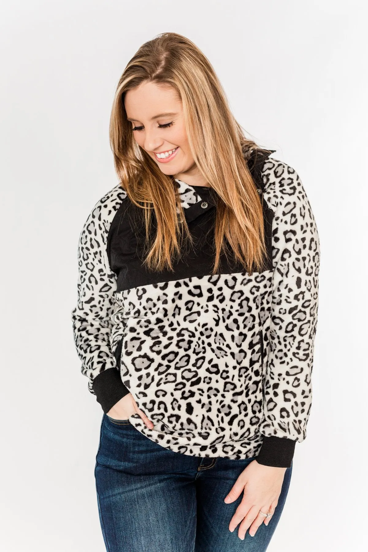 Someday Soon Quarter Button Leopard Sherpa- Grey & Black