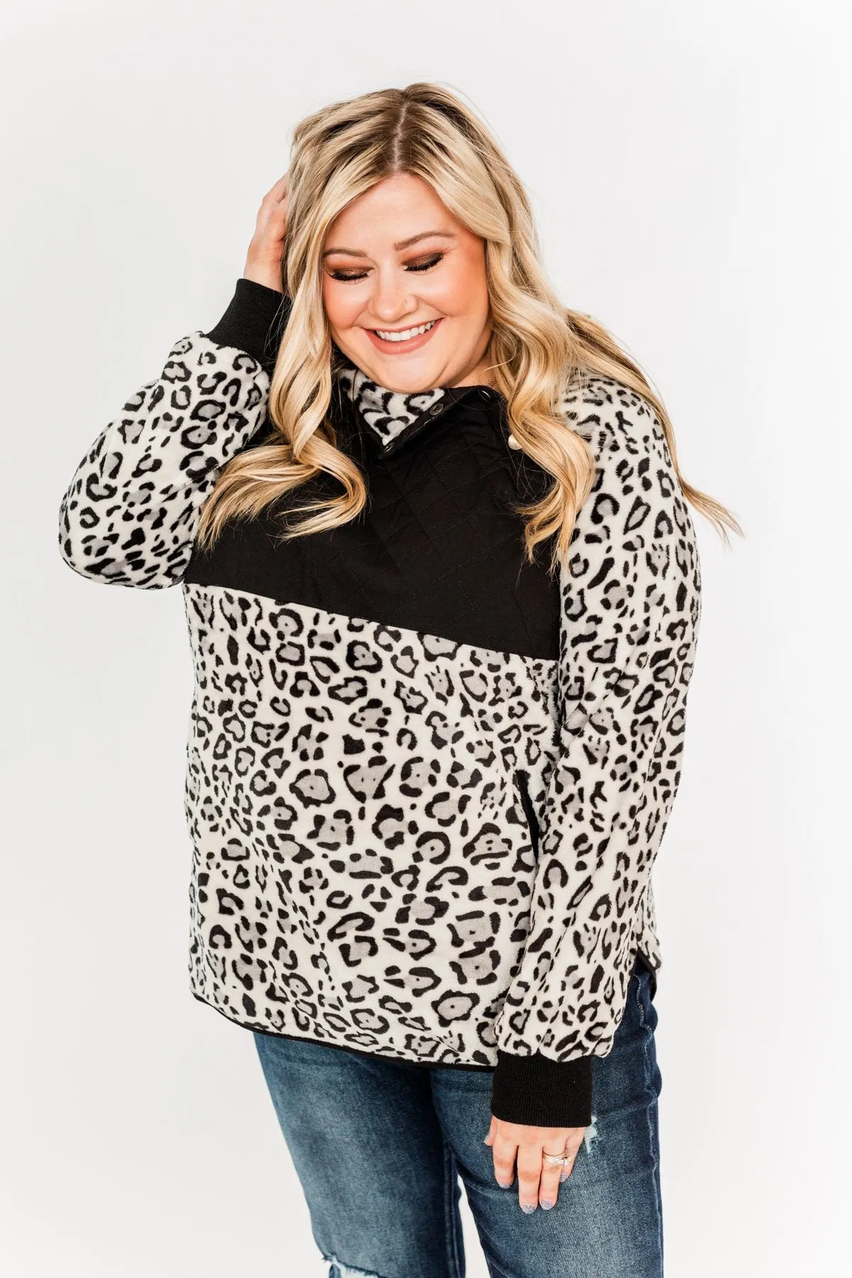 Someday Soon Quarter Button Leopard Sherpa- Grey & Black