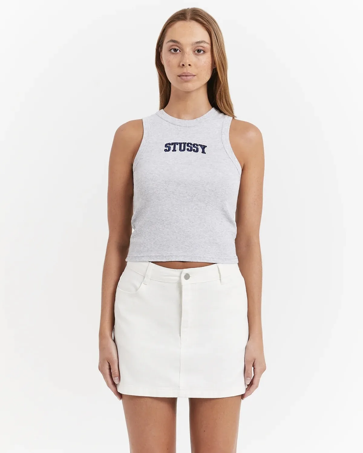 STUSSY  |Rib Street Style U-Neck Cotton Logo Cropped Tops