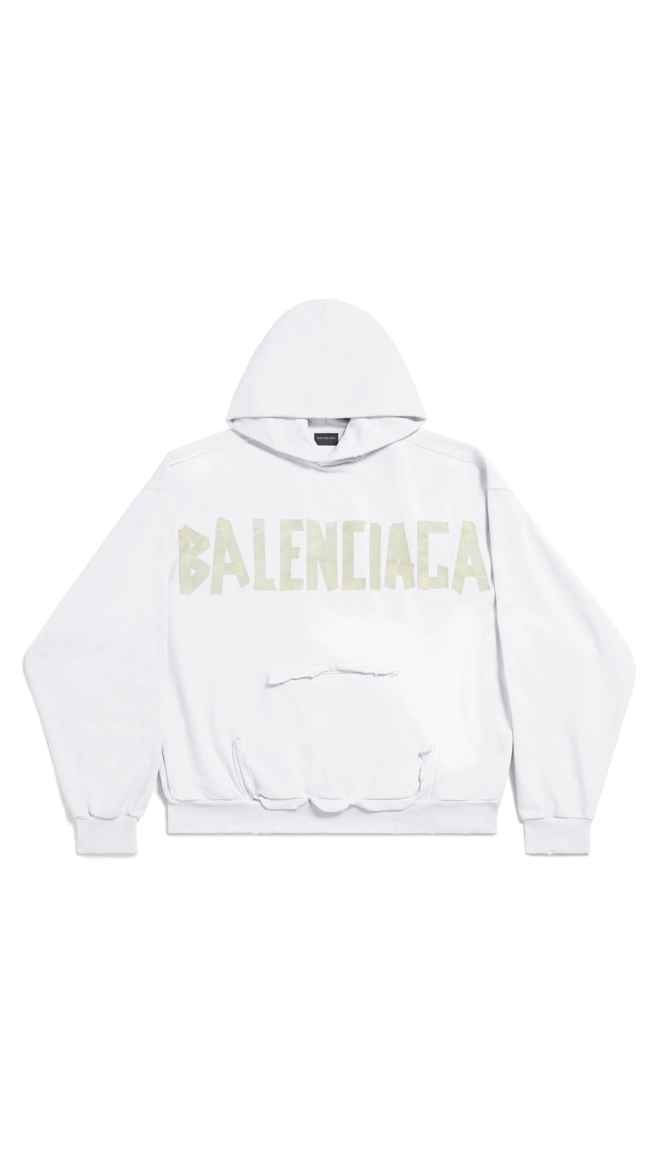 Tape Type Ripped Pocket Hoodie Large Fit - White/Yellow