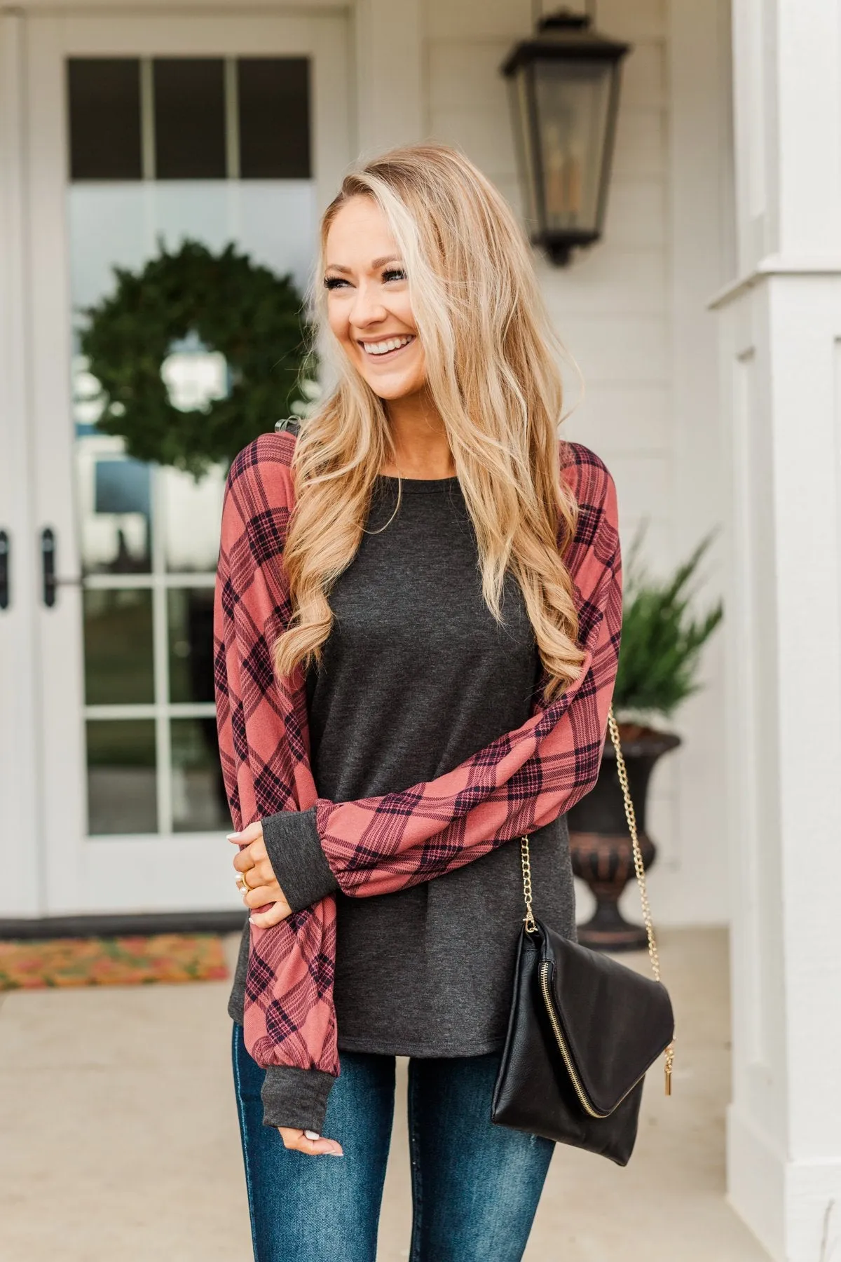 Thankful For You Long Sleeve Top- Red & Charcoal