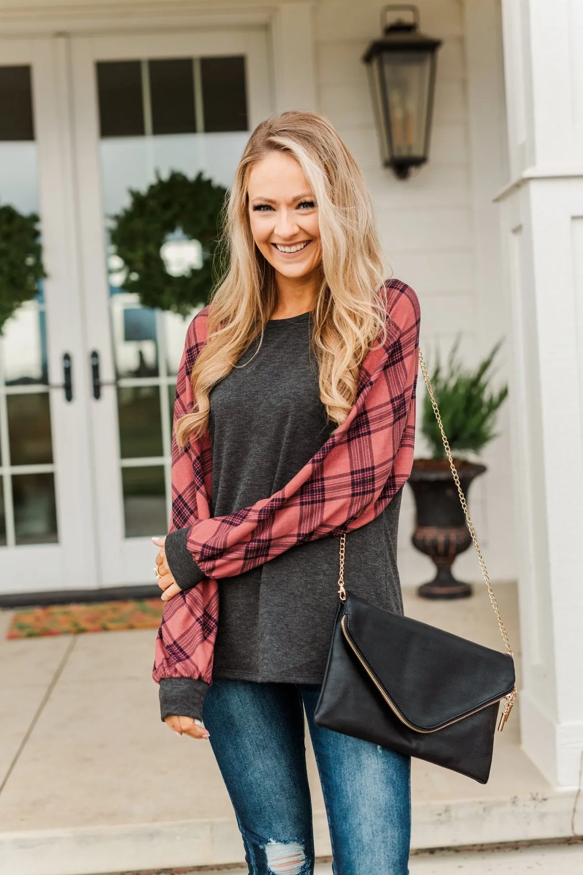 Thankful For You Long Sleeve Top- Red & Charcoal