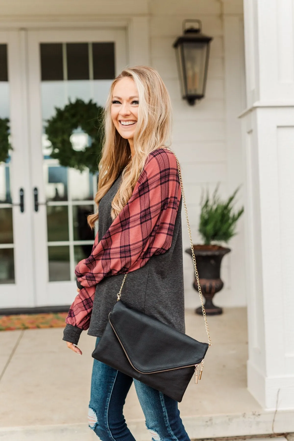 Thankful For You Long Sleeve Top- Red & Charcoal