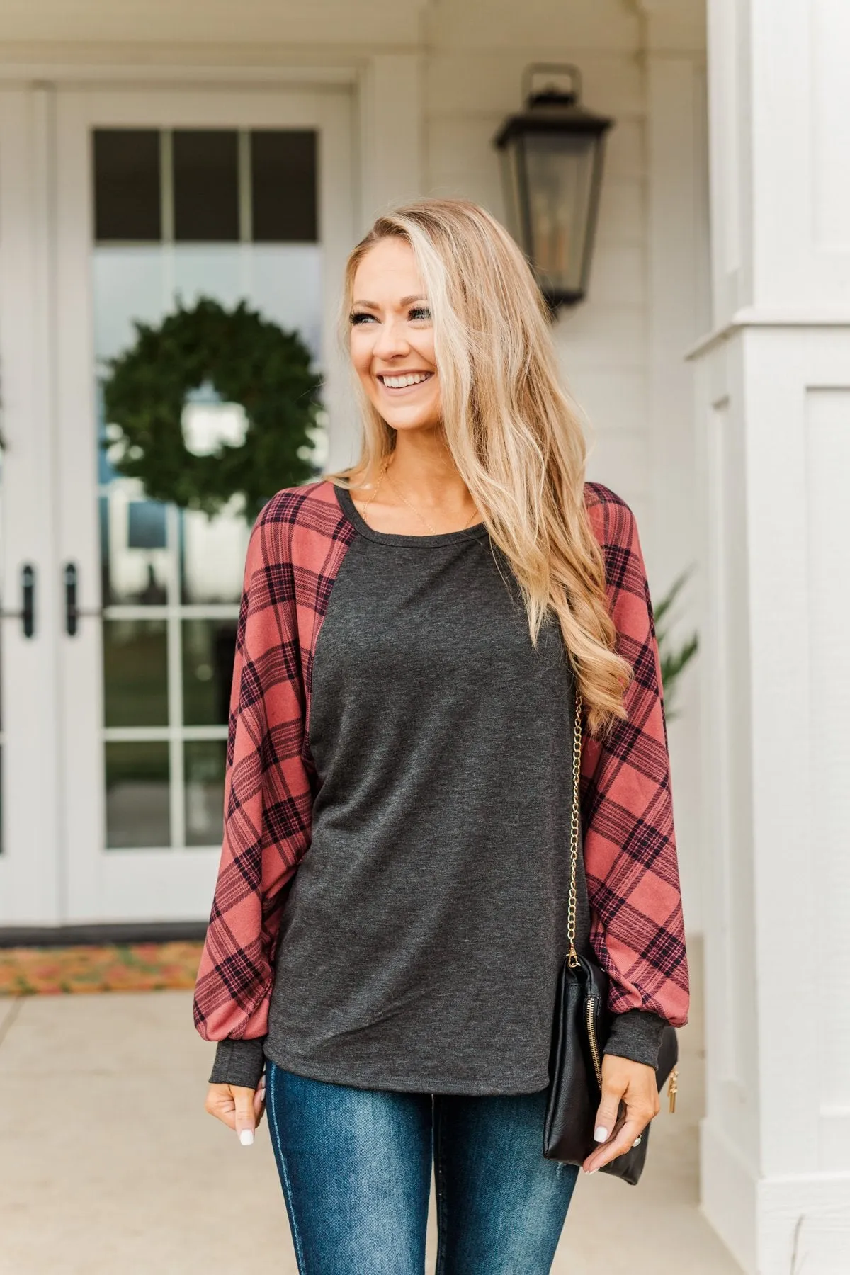 Thankful For You Long Sleeve Top- Red & Charcoal