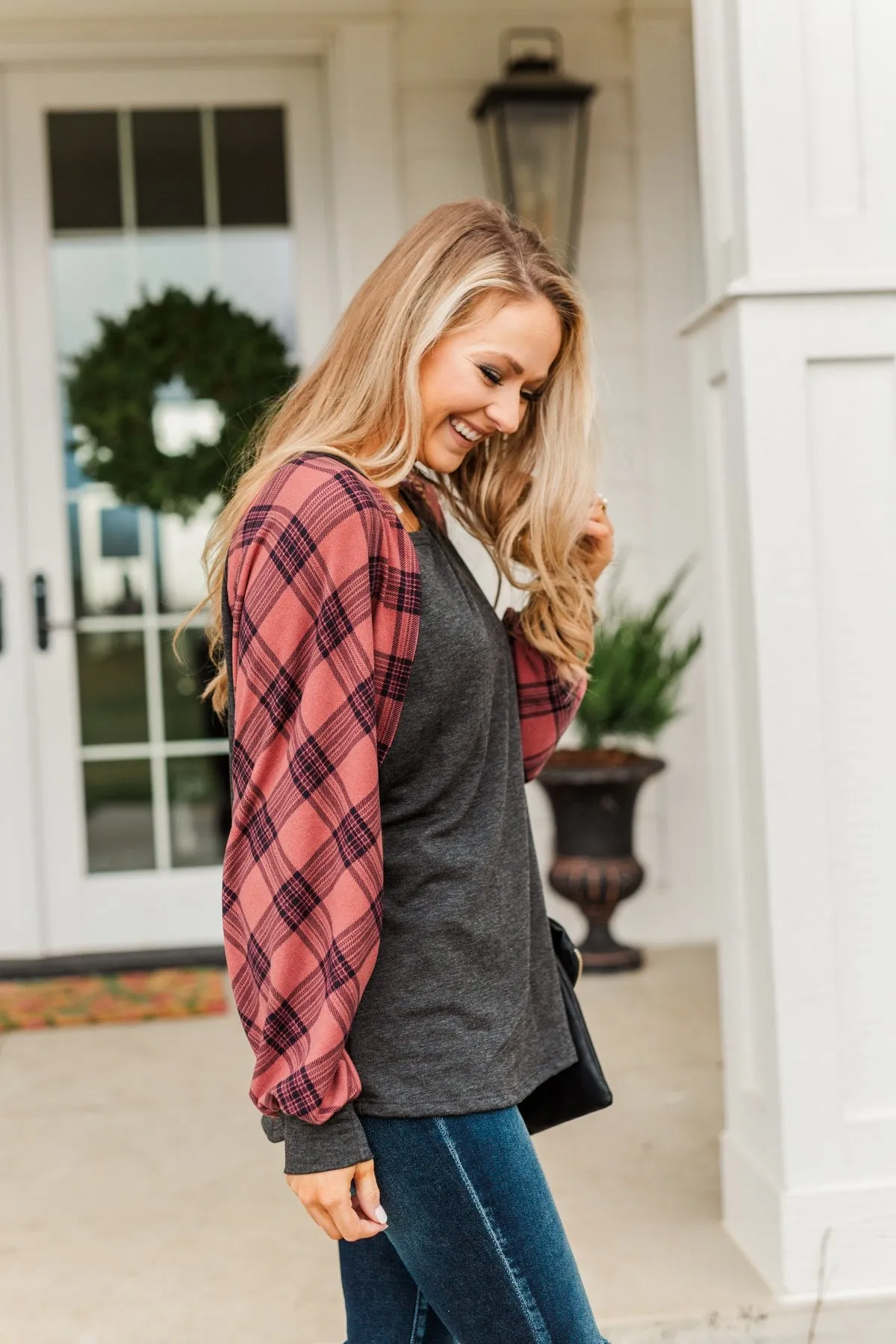 Thankful For You Long Sleeve Top- Red & Charcoal