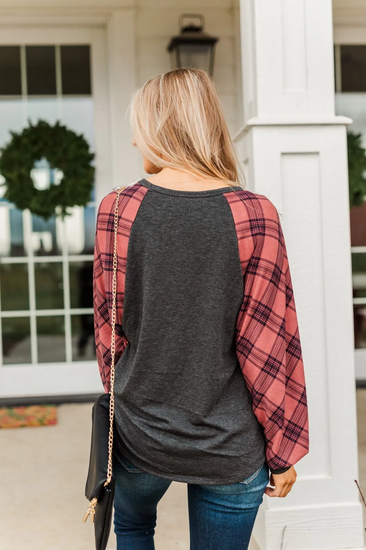 Thankful For You Long Sleeve Top- Red & Charcoal