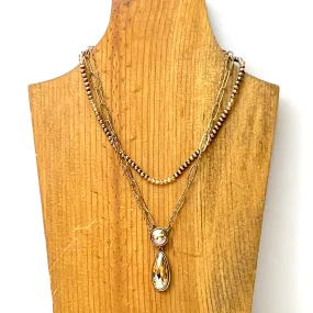 Three Row Faux Navajo Pearl Chain Necklace with Champagne Crystal Pendants in Gold Tone