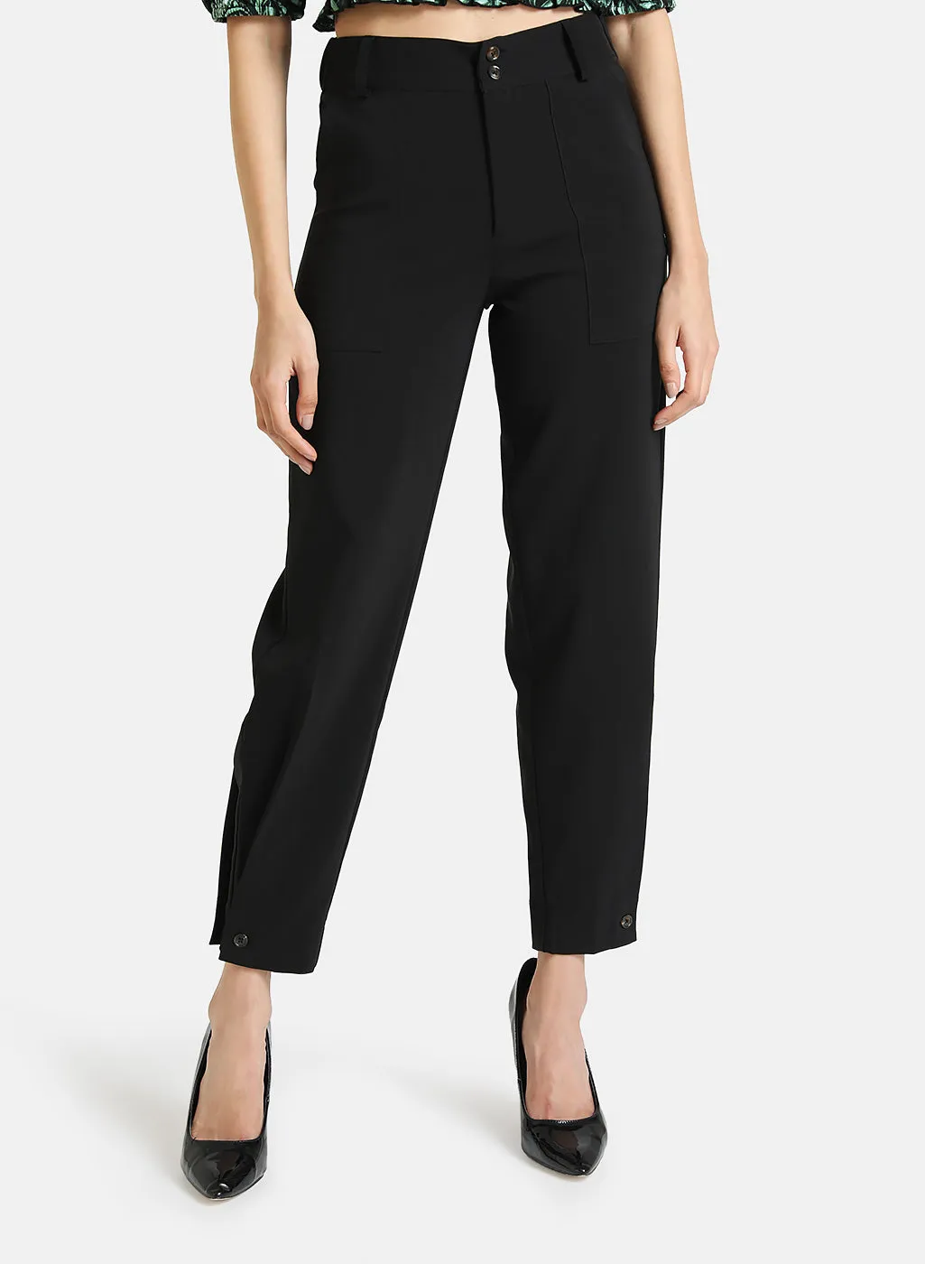 Trouser With Button And Pleat Detail At Hem