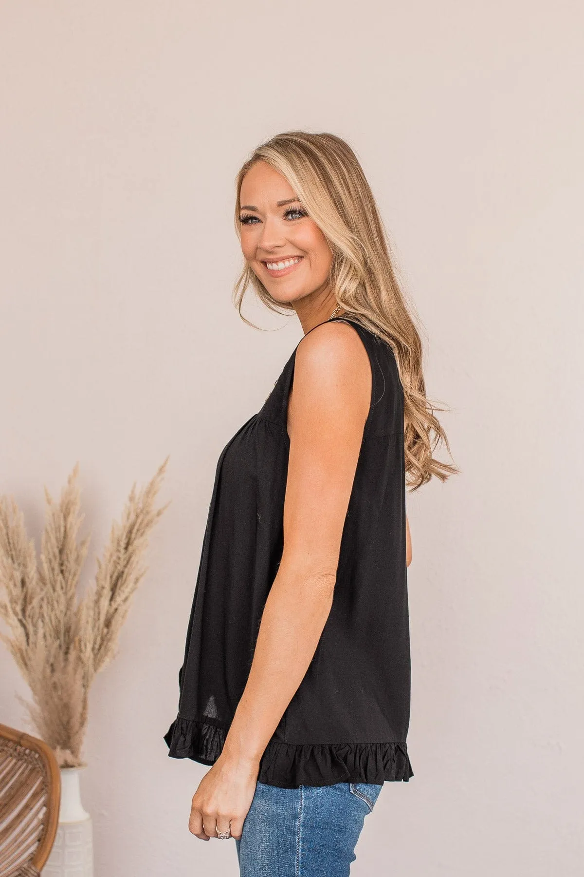 True To Yourself Ruffled Tank- Black