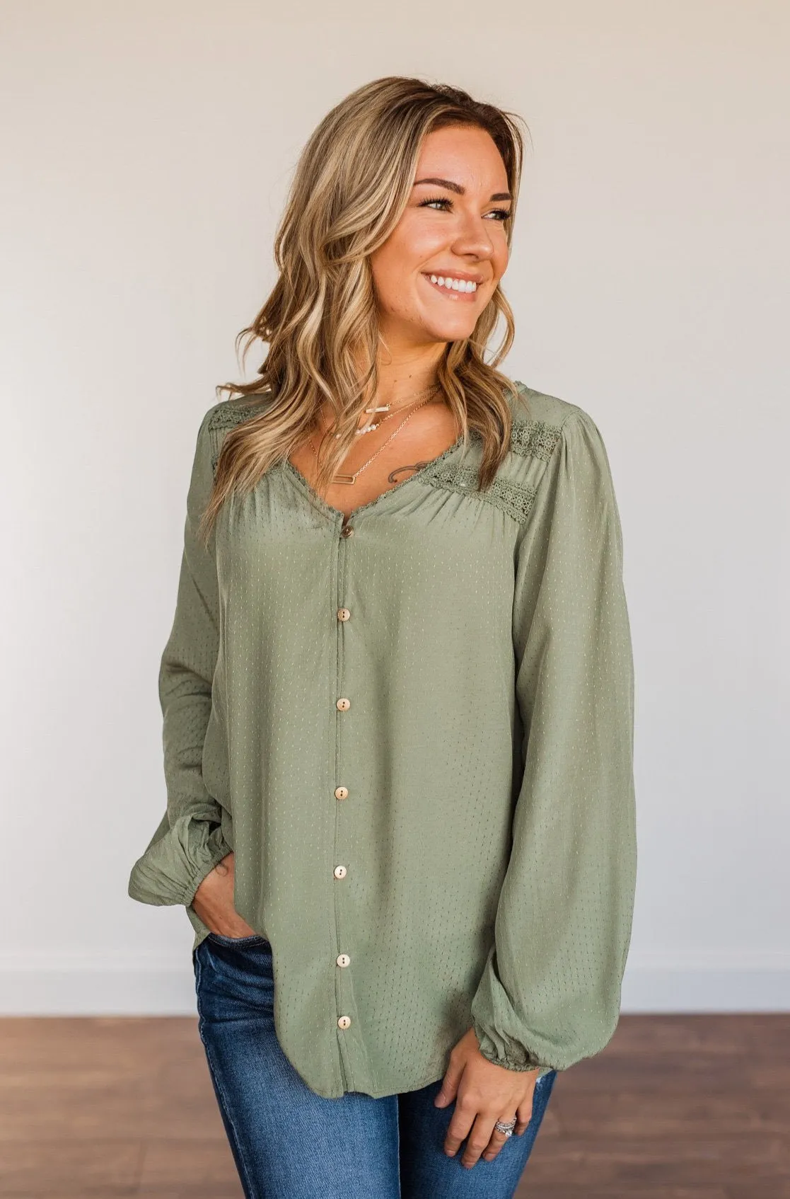 Uniquely Beautiful Lace Long Sleeve Blouse- Olive