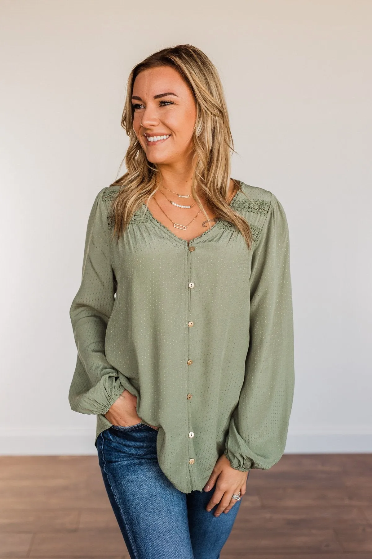 Uniquely Beautiful Lace Long Sleeve Blouse- Olive