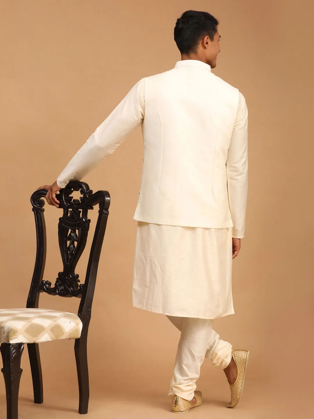 VASTRAMAY Cream Mirror Jacket With Cream Kurta and Pyjama Baap Beta Set