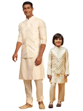 VASTRAMAY Cream Mirror Jacket With Cream Kurta and Pyjama Baap Beta Set