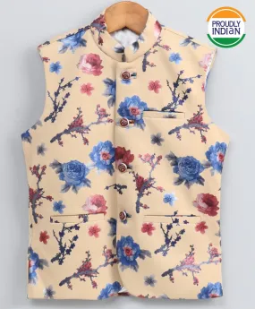 VASTRAMAY Imported Fabric Floral Print Cream Nehru Jacket