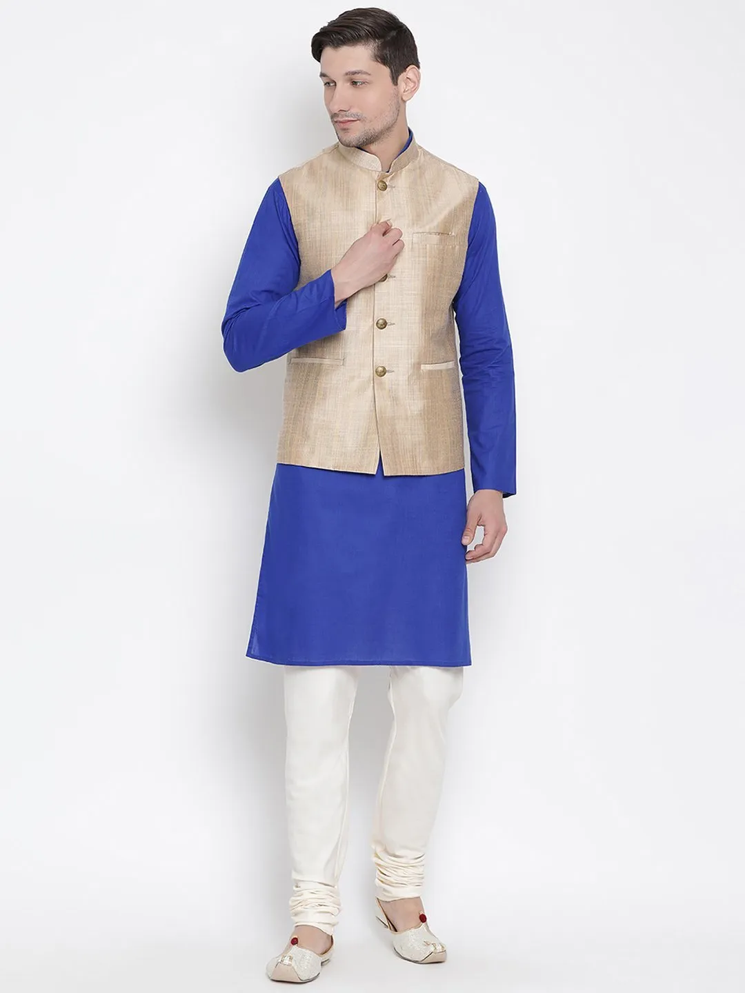 VASTRAMAY Men's Blue Cotton Blend Kurta, Ethnic Jacket and Pyjama Set