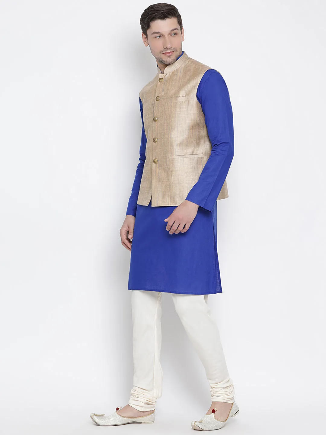 VASTRAMAY Men's Blue Cotton Blend Kurta, Ethnic Jacket and Pyjama Set