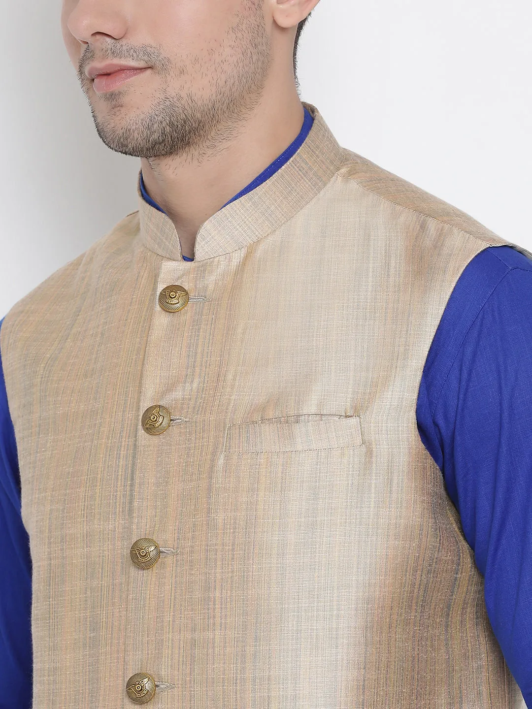 VASTRAMAY Men's Blue Cotton Blend Kurta, Ethnic Jacket and Pyjama Set