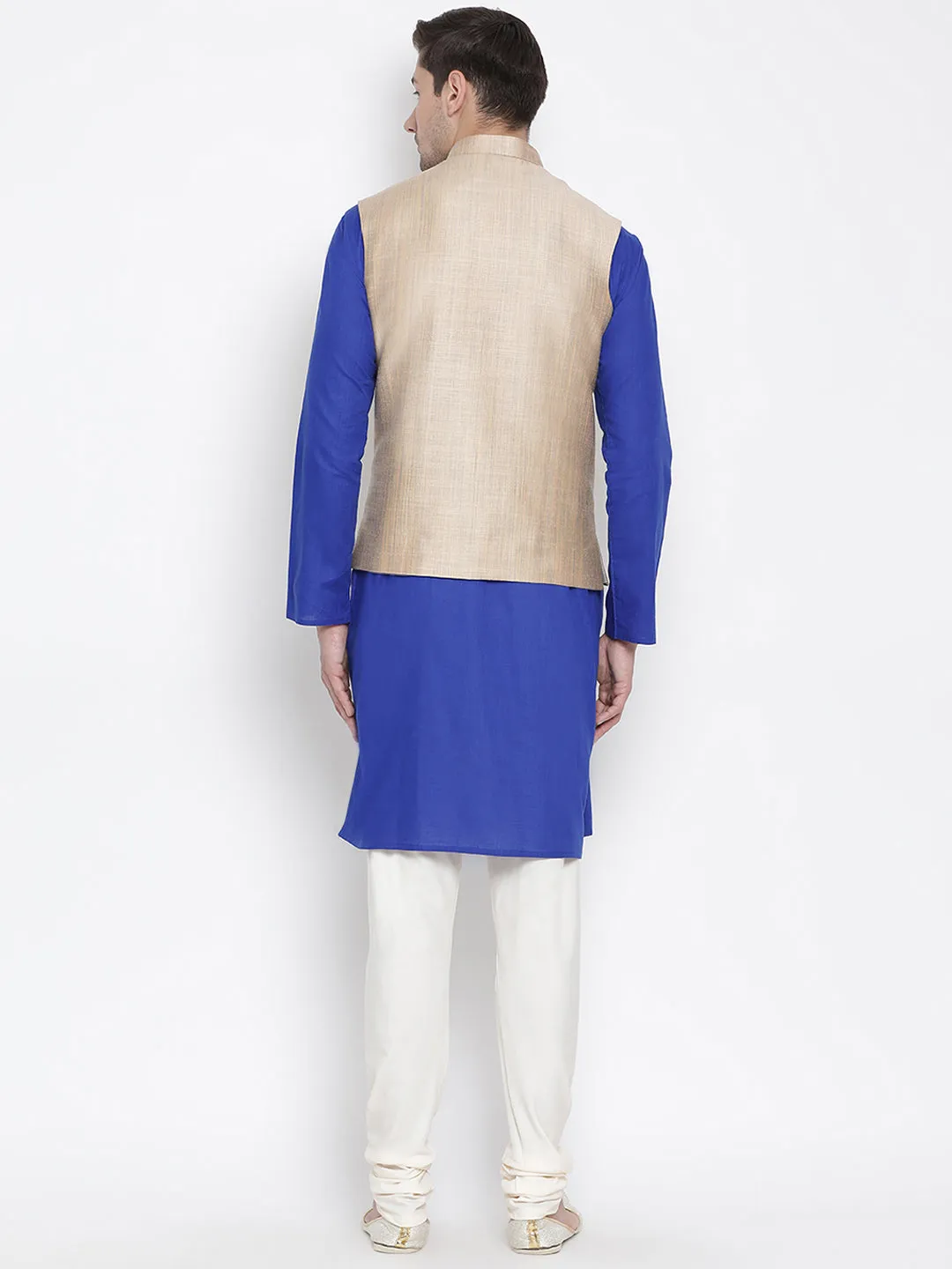 VASTRAMAY Men's Blue Cotton Blend Kurta, Ethnic Jacket and Pyjama Set