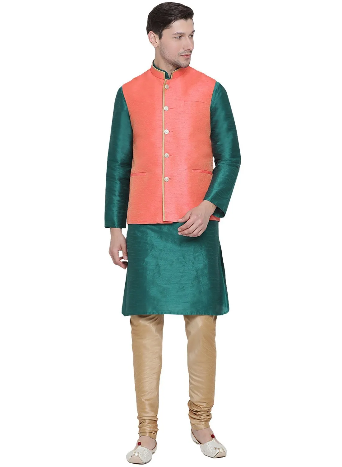 VASTRAMAY Men's Green Cotton Silk Blend Kurta, Ethnic Jacket and Pyjama Set