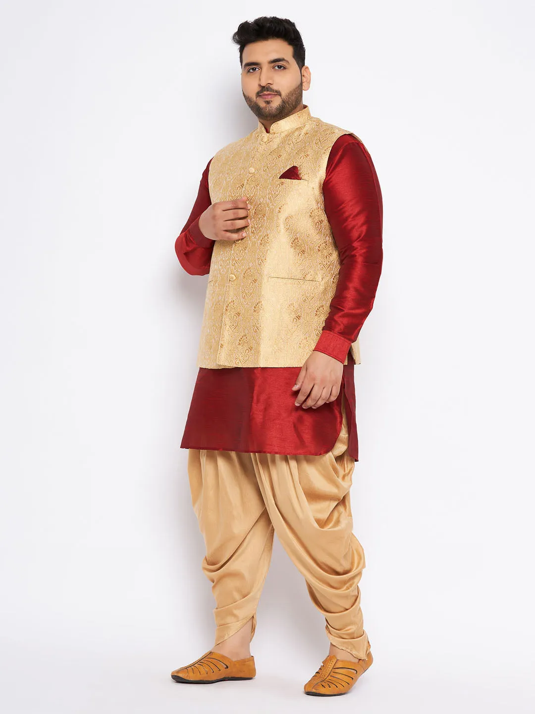 VASTRAMAY Men's Plus Size Rose Gold Woven Nehru Jacket With Maroon Kurta And Rose Gold Dhoti Set