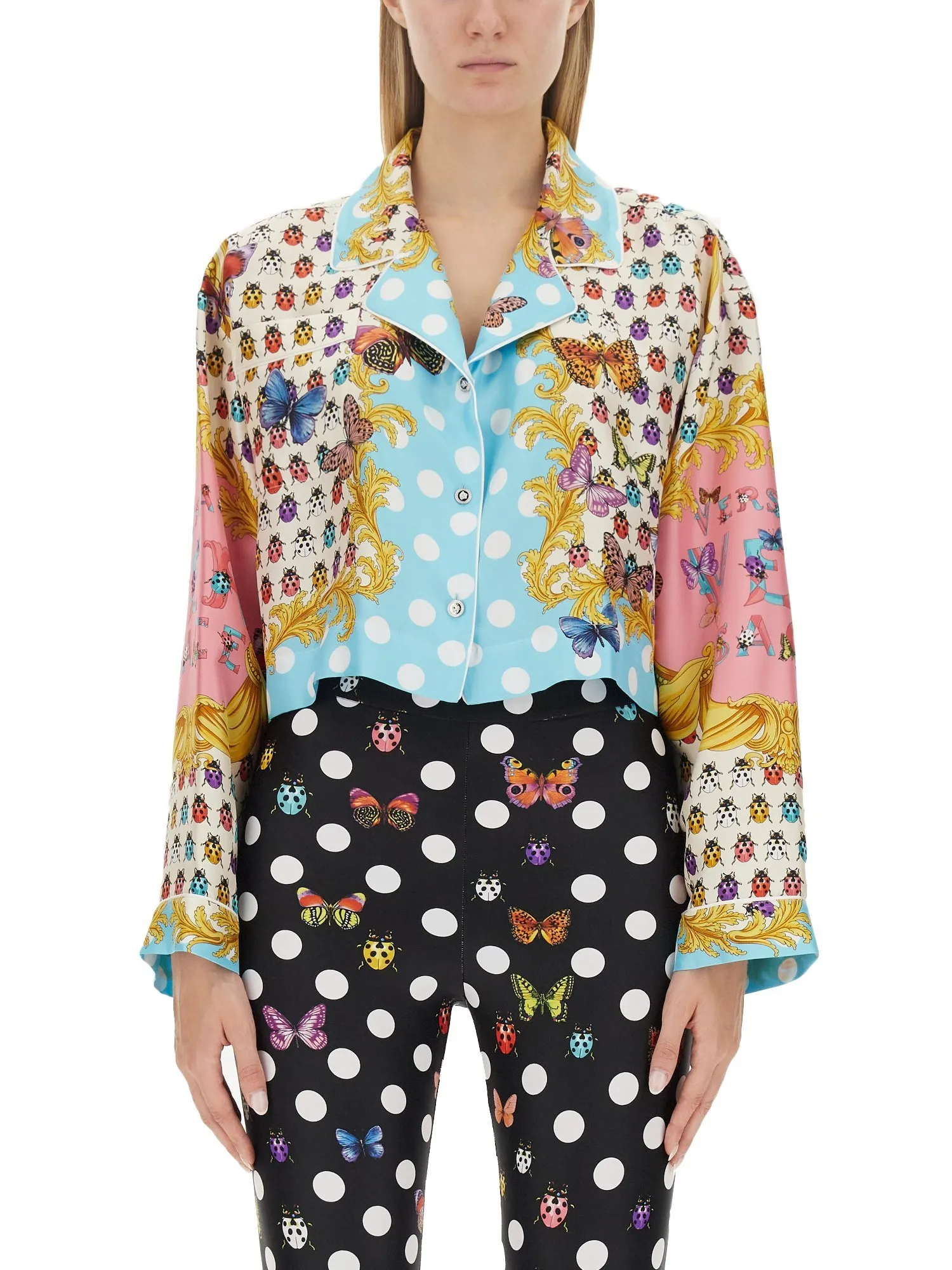 VERSACE  |Dots Casual Style Silk Long Sleeves Party Style Front Button