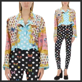 VERSACE  |Dots Casual Style Silk Long Sleeves Party Style Front Button