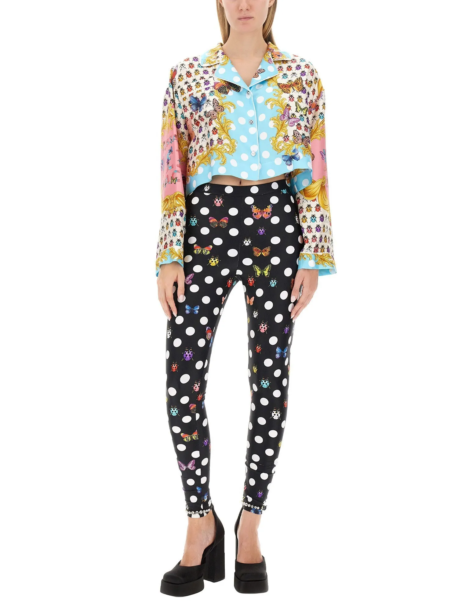 VERSACE  |Dots Casual Style Silk Long Sleeves Party Style Front Button