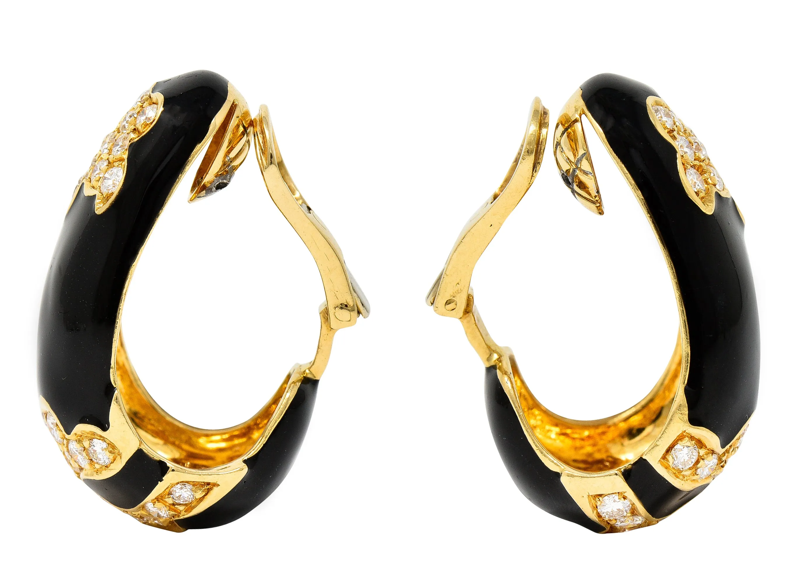 Vintage 2.50 CTW Diamond Enamel 18 Karat Yellow Gold Patterned Ear-Clip J-Hoop Earrings