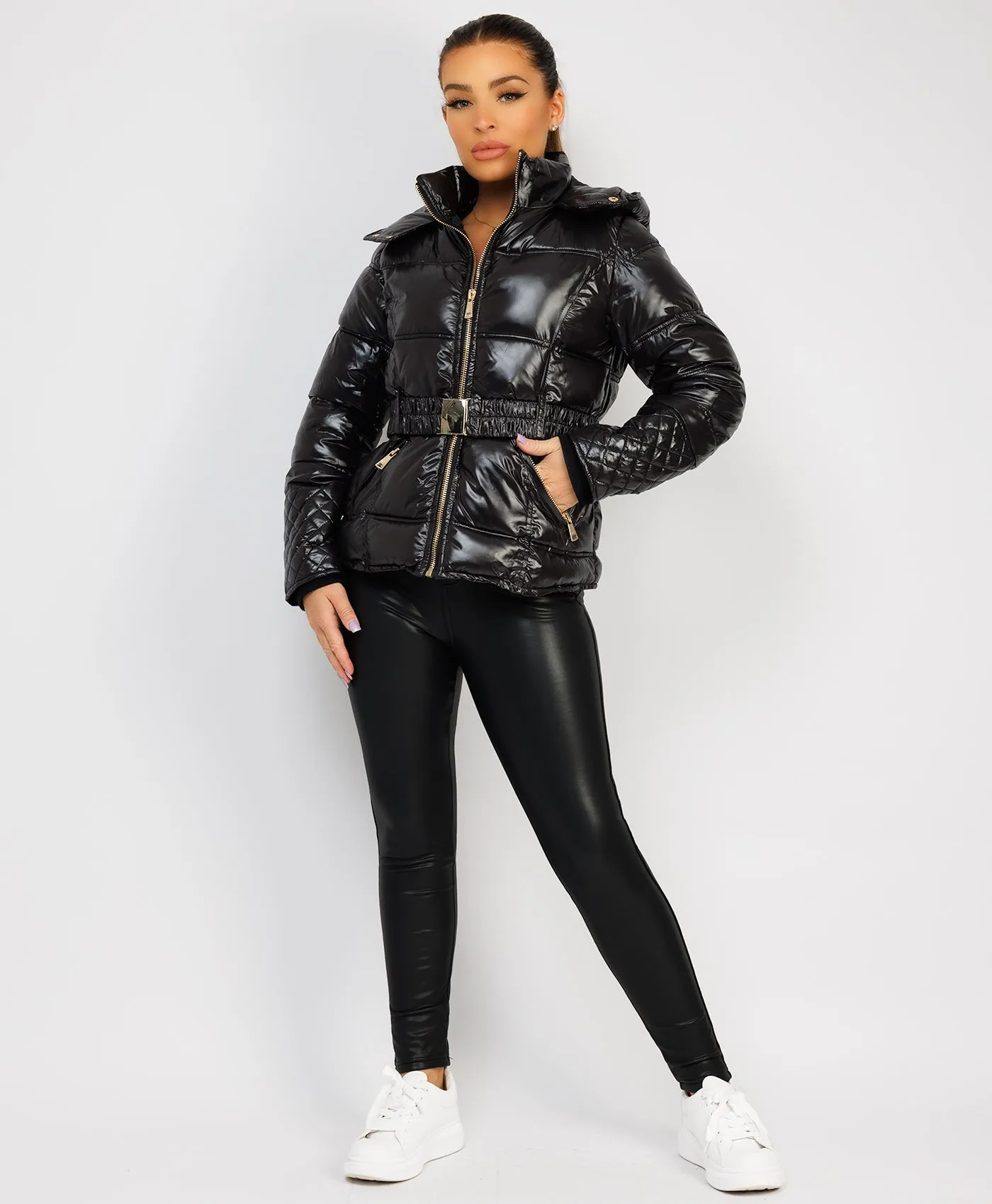 Wet Look Shiny Puffer Jacket with Belt and Hood