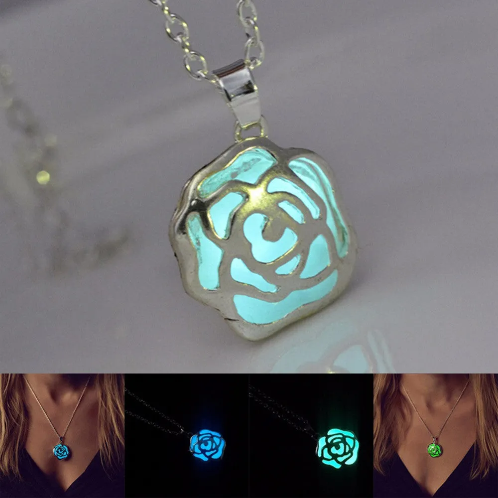 Women Chocker Pendants Necklace Glow In The Dark Locket Hollow Glowing Rose Shape Stone Pendant SM6