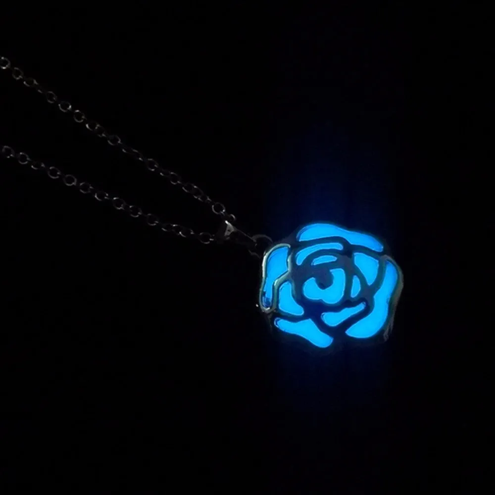 Women Chocker Pendants Necklace Glow In The Dark Locket Hollow Glowing Rose Shape Stone Pendant SM6