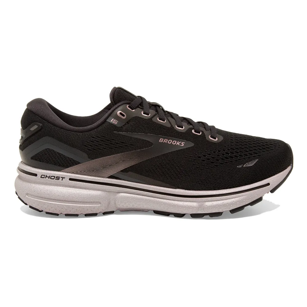 Women's Brooks Ghost 15, Black/RoseGold, 11.5 D Wide