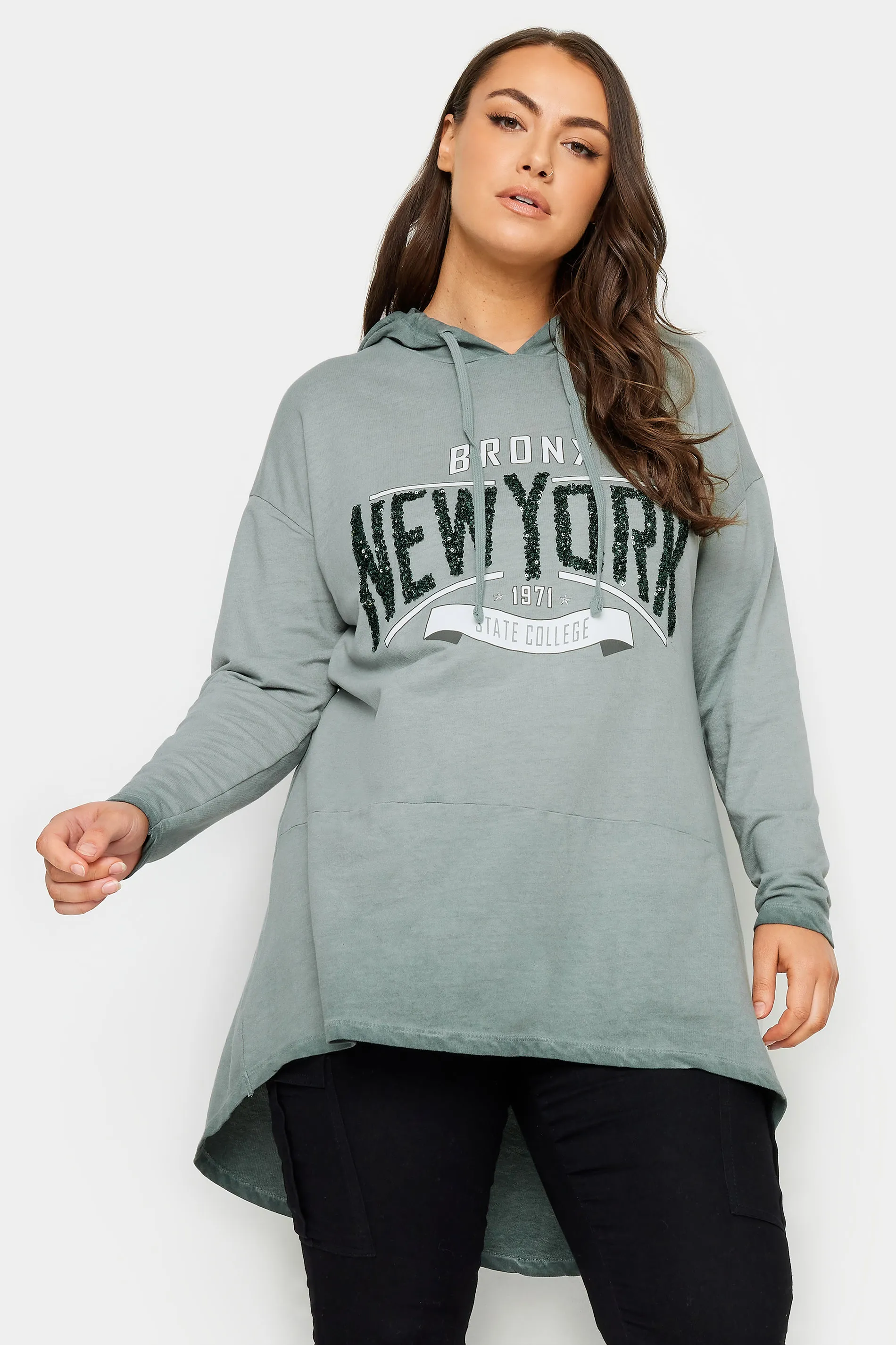 YOURS Curve Grey 'New York' Slogan Acid Wash Hoodie