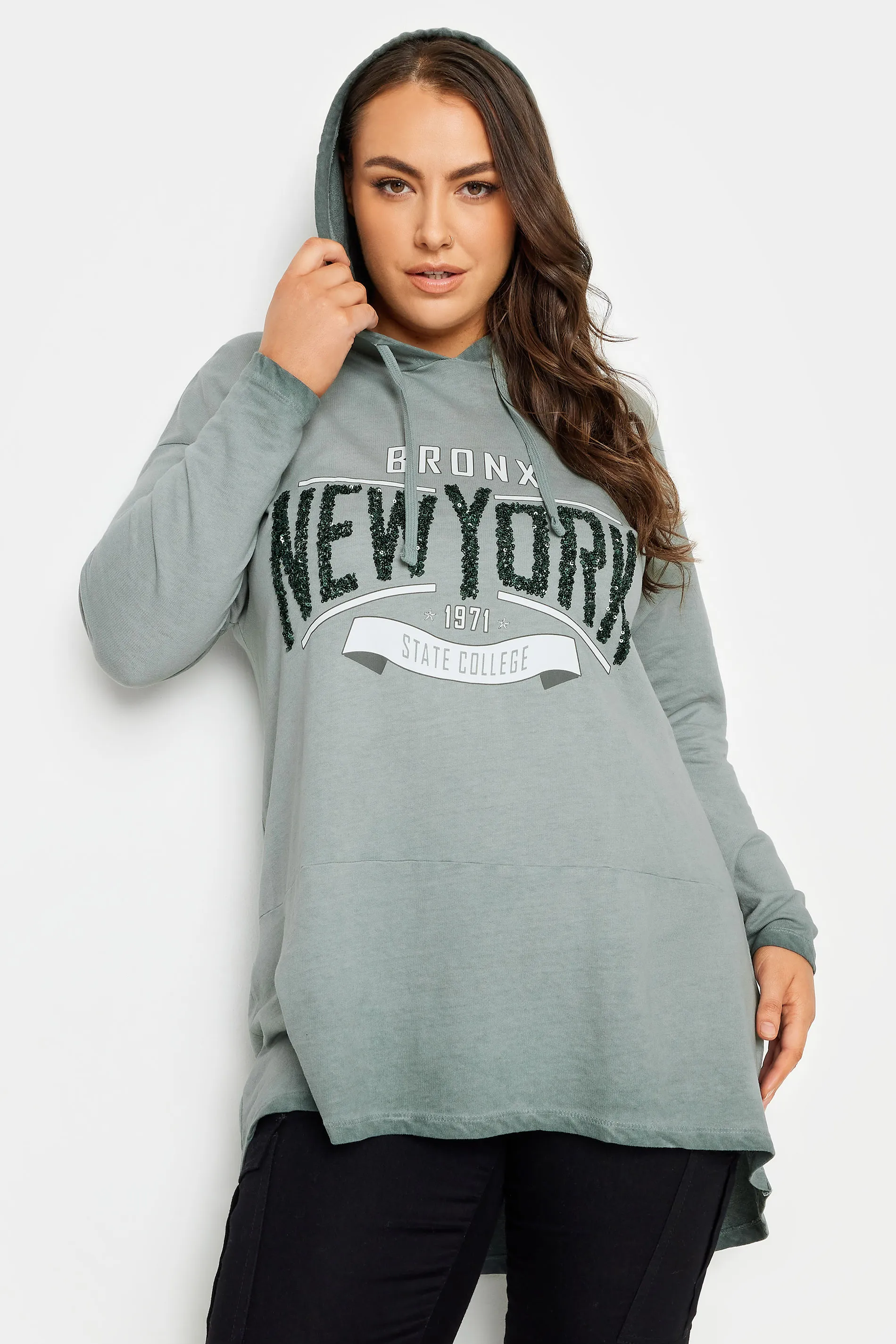 YOURS Curve Grey 'New York' Slogan Acid Wash Hoodie