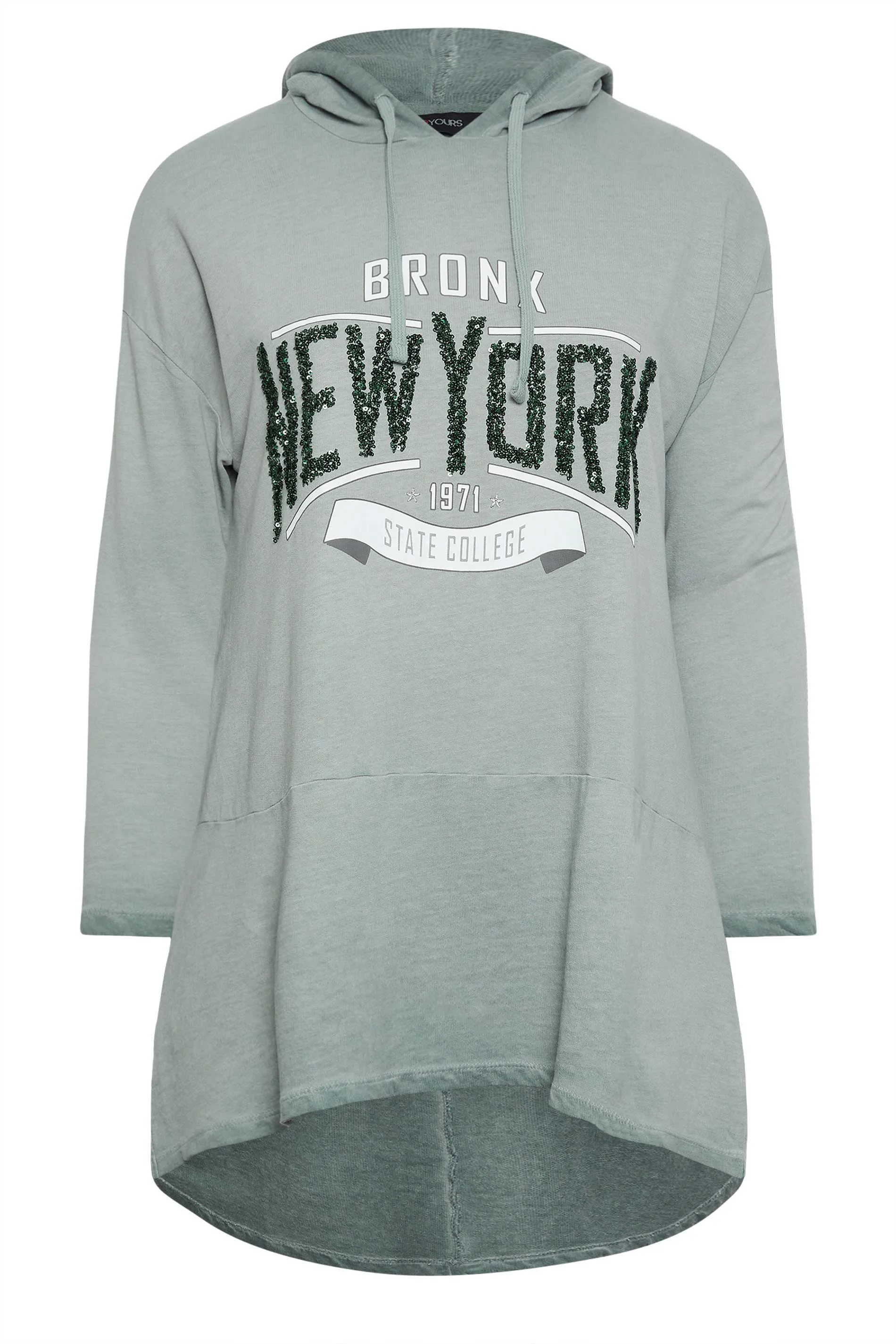 YOURS Curve Grey 'New York' Slogan Acid Wash Hoodie